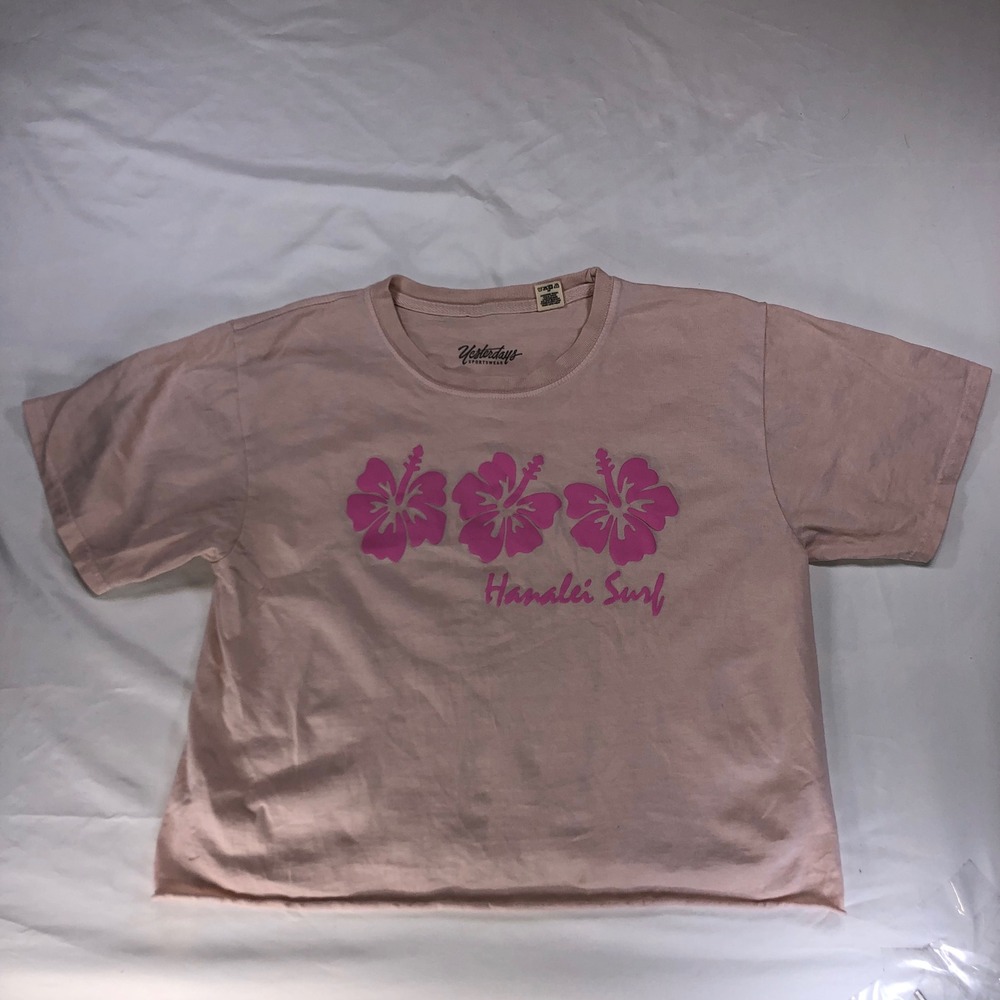 Yesterdays Sportswear Hanalei Surf Pink Hibiscus Graphic Crop T-Shirt Small